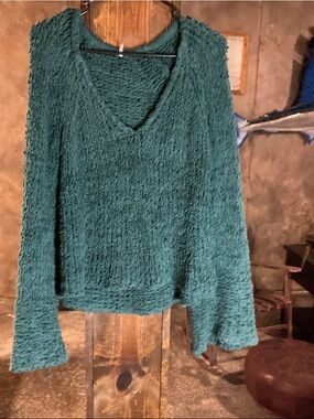 Free People Chunky Knit V-Neck Sweater in Deep Teal